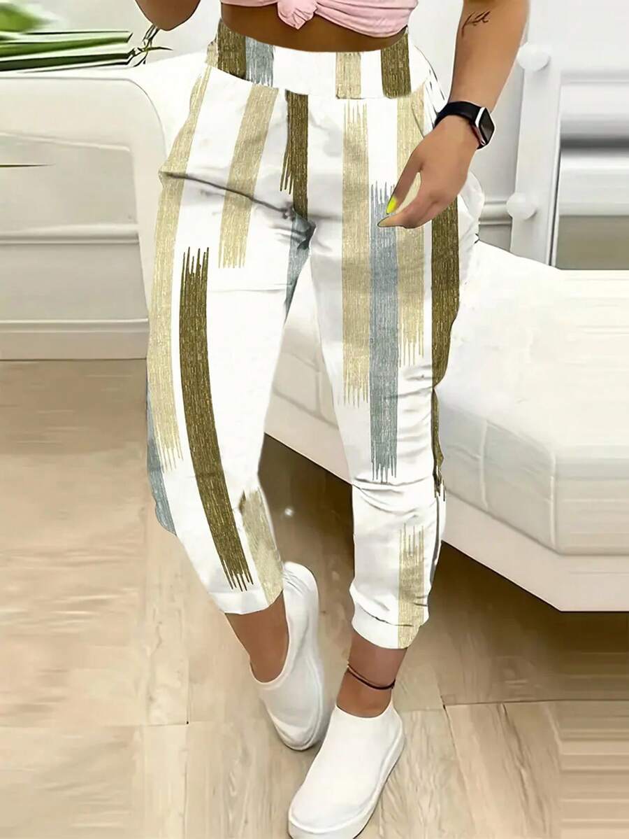 Women's Spring Summer Autumn Casual Vacation Style Multi-Color Brush Print High Waist Cropped Tapered Long Pants - Multicolor - View 1