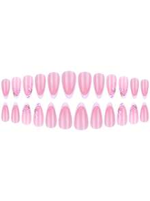 24pcs Medium Almond Shaped Floral Pattern Solid Color Rhinestone Nail Stickers, Full Coverage Design, Press-On Fake Nails, Suitable For Women & Girls Daily, Date, Office, Home, Party Occasions In Summer - Multicolor - View 7