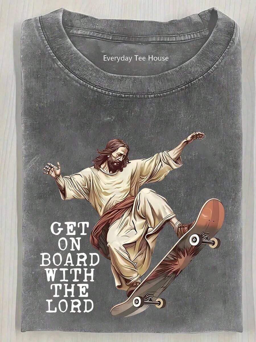 230g T-Shirt With A Single-Sided Print, Perfect For Halloween, Thanksgiving, And Christmas. Featuring A Jesus On A Skateboard Design, It's Ideal For Outdoor Activities And Makes A Great Gift For Family, Friends, And Colleagues. Breathable And High-Quality! - 灰色 - 查看 1