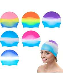 1 pieza Gorro de natación para mujer de alta elasticidad y sin ataduras, gorro de natación de silicona unisex para adultos, gorro de natación de silicona de colores - Multicolor - Ver 2