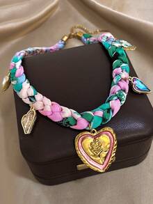1Pc Gold Plated Bohemian Rose Embossed Heart Pendant Necklace,Multicolor Braided Scarf Choker,For Women,Beach Vacation,Holidays,Summer Boho,Gifts For Mom,For Daily Wear,Party Dating,Wedding Season,Bridesmaids Birthday Anniversary Valentine Gift,Music Festival Easter Day - Multicolor - View 2