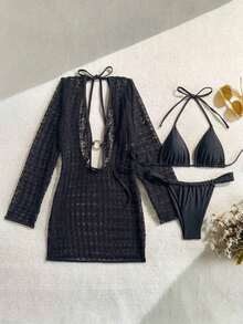 Vestido de playa crochet marrón para mujer, diseño de manga larga con escote en V y detalle de anillo, ideal para cubrir bikini en la playa, piscina y vacaciones de verano - Negro - Ver 2