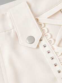 Apricot Cross-Strap Studded Vintage 70s Shorts – Western Style, Vintage College Look, Perfect For Commuting, Office, Country Style, Date, Party, Picnic, Holiday, Festival, Birthday, Vacation, Beachwear, Retro Glam Shorts,Summer,Spring, Birthday Outfit,Summer Top Music Festival Outfits Women Trending Outfit For 2026 Yk Outfits Zoey Outfit Paris Outfits Women Summer - Blanco - Ver 3