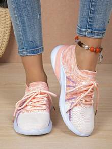 Women's Lightweight Breathable Casual Sneakers, Mesh Splice, Comfortable For Commuting, Outdoor, Gym, Office, Lace-Up, Thick Sole, Pink, Suitable For Spring, Summer, All Seasons - Pink - View 4