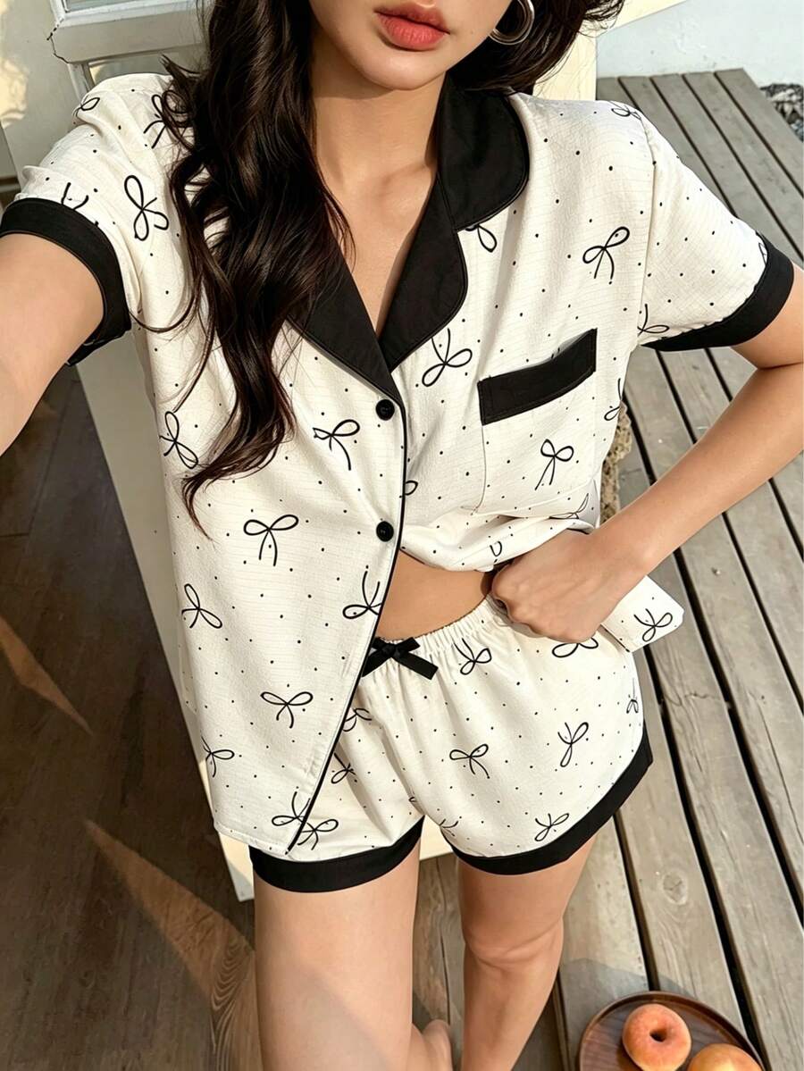 2件組女款睡衣套裝,對比色圓點與蝴蝶結印花,短袖與短褲,適合四季穿著 - 白色 - 查看 1