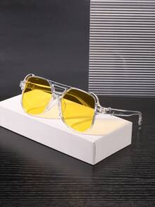 1 PC Men's Double Beam Aviator Fashion Glasses Black Transparent Polycarbonate Frames With Gray Yellow Lenses Casual Style For Outdoor Activities Travel With Glasses Box - 彩色 - 查看 8