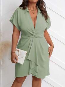 Vionelle Vestido casual de verano de manga corta con detalle de nudo en la parte delantera, en talla grande y unicolor - verde menta - Ver 4