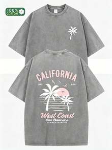 230g Heavyweight Washed Vintage T-Shirt For Women - Loose Fit Round Neck Short Sleeve, California Beach Surf And Palm Tree Print, Casual Summer Wear - 灰色 - 查看 7
