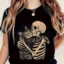 Nueva Colección Primavera Verano 2026: Camiseta de Manga Corta para Mujer con Cuello Redondo e Impresión de Calavera de Gato Cool, Perfecta para el Ocio de Verano - Negro - Ver 1