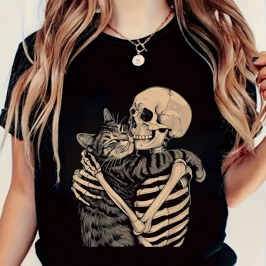 Nueva Colección Primavera Verano 2026: Camiseta de Manga Corta para Mujer con Cuello Redondo e Impresión de Calavera de Gato Cool, Perfecta para el Ocio de Verano - Negro - Ver 1
