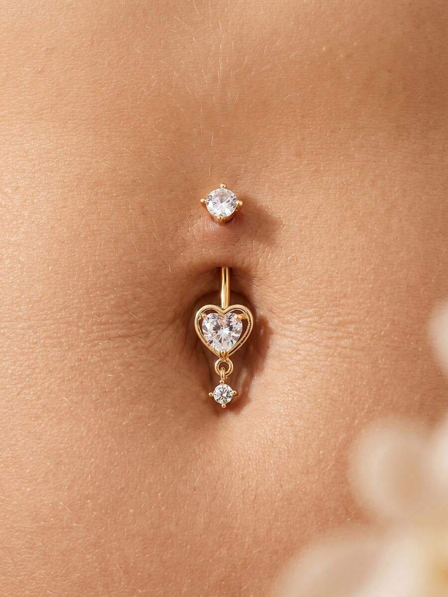 1pc Stainless Steel Heart Shaped Navel Ring With Inlaid Zirconia Stone Four-Claw Design, Sexy Belly Button Piercing Jewelry For Holiday Wear - Four Claws - View 1