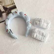 3pcs/Set Soft Coral Velvet Cherry Embroidery Headbands, Fluffy Cloud Design, 4 Fresh Color Options, Cute & Adorable, Effectively Fixes Flyaway Hair, Suitable For Bathing, Hair Care, Hairstyling Tools, Hair Accessories - Multicolor - View 13