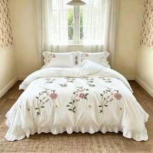 3 Stücke weiches & bequemes Qualitäts-Bettbezug-Set (1 Stück Bettbezug + 2 Kissenbezüge, ohne Füllung), zarte grobe Fadenstickerei mit Blumenmuster und Rüschenkante, erhältlich in Einzelbett, Doppelbett, Queensize, Kingsize, Überlänge, warme & gemütliche Schlafzimmer Bettwäsche, maschinenwaschbar & abnehmbar, für alle Jahreszeiten geeignet - Weiss - Übersicht 14