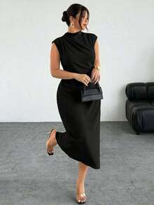Vestido de verano minimalista de talla grande, sin mangas y con cuello mao de unicolor - Negro - Ver 6