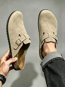 Khaki Comfort Slippers Men's Easy-On Home Shoes, Cork-Like Footbed With Arch Support, PVC Sole And Decorative Buckle - 卡其色 - 查看 3