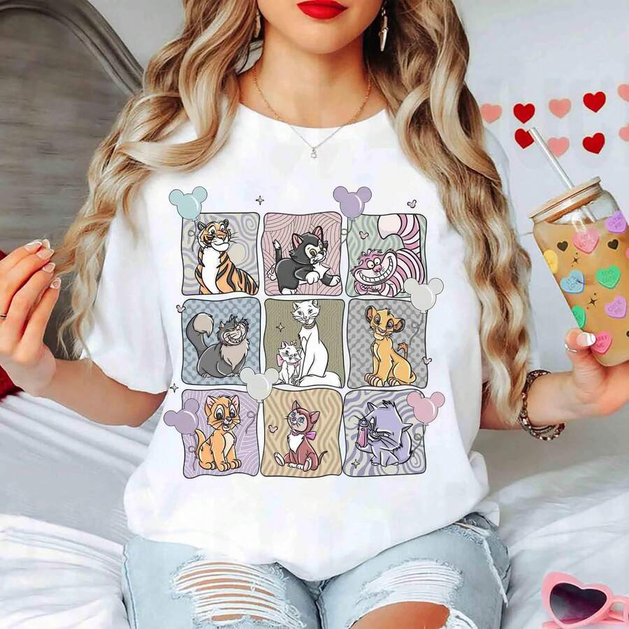 Loose Oversize Retro Disney Cats Mickey Balloons Shirt, Cheshire Yzma Cat, The Aristocats Shirts, Disney Cat Lovers Tee, Disneyland Family Trip Tee - trắng - Xem 1