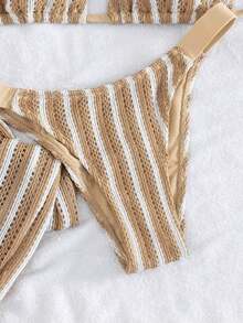 3 piezas Conjunto de bikini de punto a rayas sexy - Top triangular + Bottom de cintura baja + Pantalones de pierna ancha ajustables| Traje de baño de vacaciones en la playa retro Verano Rojo - Beis - Ver 6