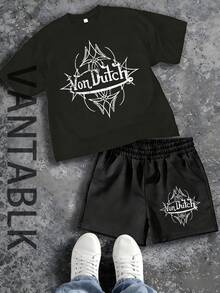 Mens Creative T Shirt And Shorts Set American Vintage Full Print Street Wear Essential T Shirt Set Men Graphic T Shirt And Shorts Set Vonn Dutch Logo Print Casual Outfit For Everyday Wear - 黑色 - 查看 1
