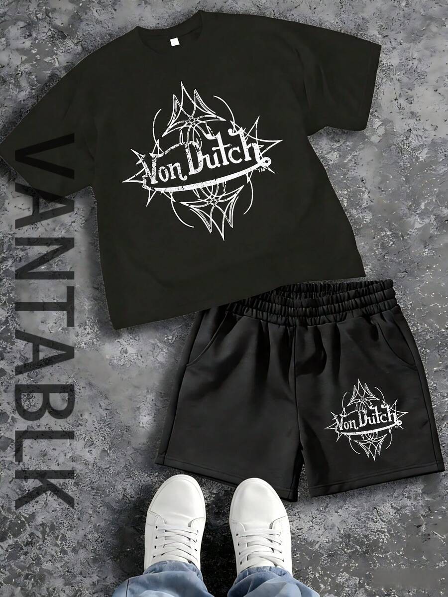 Mens Creative T Shirt And Shorts Set American Vintage Full Print Street Wear Essential T Shirt Set Men Graphic T Shirt And Shorts Set Vonn Dutch Logo Print Casual Outfit For Everyday Wear - 黑色 - 查看 1