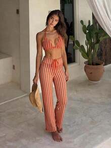 3 piezas Conjunto de bikini de punto a rayas sexy - Top triangular + Calzoncillos de cintura baja + Pantalones de pierna ancha con tirantes ajustables| Traje de baño de vacaciones de playa retro para el verano - Naranja - Ver 2