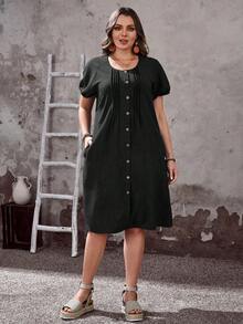 Vestido casual plisado de manga raglán de cuello redondo y manga corta de unicolor talla grande - Negro - Ver 3