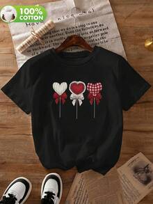 Camiseta de mujer de cuello redondo de algodón de manga corta, diseño retro dulce con estampado de piruleta, ajuste cómodo, adecuada para uso casual de primavera/verano - Negro - Ver 2