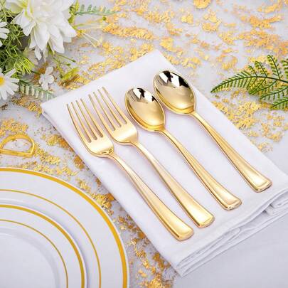 150/75/50pcs Gold Cutlery Set, Salad Forks & Dessert Spoons, Suitable For Cake, Salad, Pasta, Dessert, Appetizer, Applicable For: Birthday, Wedding, Party, Family Gathering, Team Building, Outdoor BBQ, Camping, Banquet, Mother's Day, Christmas, Kitchen Accessories (Full Tableware Set, Forks, Kitchen Utensils)