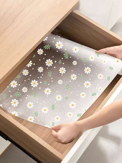 1 Roll Of EVA Material Fresh Daisy Camellia Pattern Drawer Liner, Waterproof And Stain-Resistant, Multi-Purpose Cabinet Drawer Liner, Suitable For Kitchen, Storage Cabinet, Refrigerator, Shelf, Divider, Liner