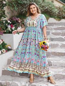 Women Plus Size Floral V-Neck Loose Dress Beach Holiday Summer Party Wedding Season Music Festival Vacation Elegant - 藍色3 - 查看 4