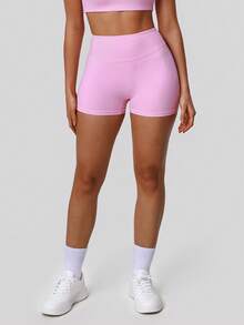 Quần short thể thao nữ không đường may, nâng mông, màu trơn, thích hợp cho yoga, chạy bộ và thể thao. - Hồng - Xem 4