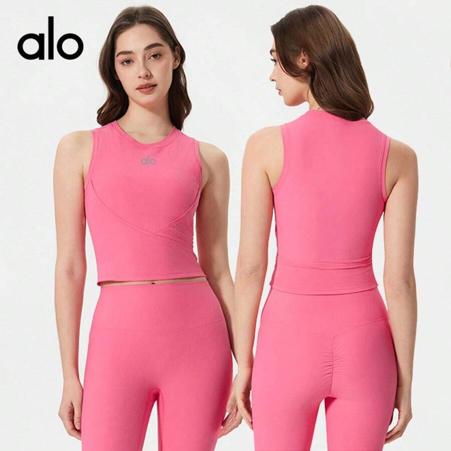 Alo Yoga Sleeveless Sports Vest, Short-Sleeved Top, Slim Fit, Suitable For Running, Fitness, And Yoga. - 粉 - 查看 1