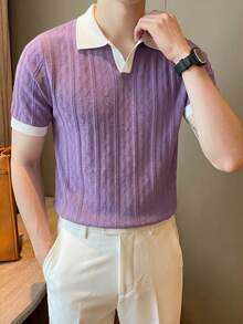 ALTZTAR Men's Contrast Color Short Sleeve Knitted Cable Textured Polo Shirt - Lilac Purple - View 5