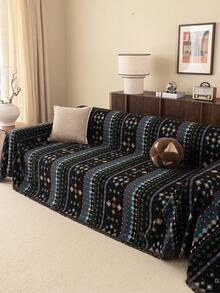 1pc Chenille Bohemian Style Tasseled Sofa Cover, All-In-One 1 Piece Design, Suitable For All Seasons, Machine Washable, Home Decor For Holidays, Multi-Purpose For Indoor/Outdoor, Office, Blanket/Throw 260cm/340cm Size Options - Black - View 7