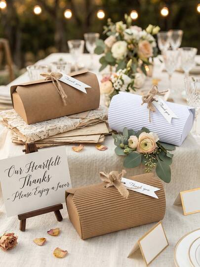 12Pcs/24pcs Rustic Kraft Paper Wedding Favor Boxes, Vintage Brown & White Corrugated Gift Boxes With Jute Twine & Thank You Tags, Suitable For Bridesmaid Proposal Gifts, Kraft Paper Gift Boxes For Wedding,Valentine's Day Gift Boxes, Packaging, Gifts, DIY Making,Birthday, Christmas Presents, Bachelorette Party, Bridal Shower, Babyshower,Birthday Party Decor, Wedding Decor,Graduation Gift Packaging, And Other Occasions,Gift Packaging Bags