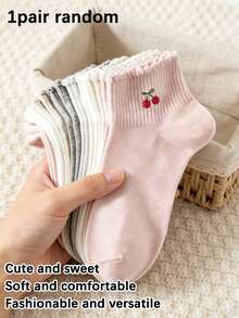 1/5 Pairs Women Cute Sweet Breathable Cherry Pattern Ankle Socks, Suitable For Daily Casual Wear, Spring/Summer, Gift - Multicolor - View 7