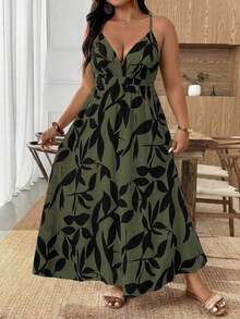 Weeklong Vestido maxi de verano elegante y sexy para mujer de talla grande, con estampado tropical, sin mangas, hombros descubiertos, tirantes finos, cintura ceñida y fluido, para vacaciones, playa y viajes, de estilo casual y suelto - Verde Oscuro - Ver 10