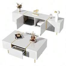 Modern Bright White TV Stand And Coffee Table Set - White - View 4
