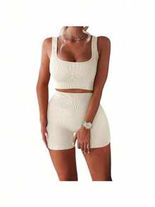 Workout Sets For Women 2 Piece Seamless Ribbed Crop Tank High Waist Shorts Yoga Outfits - Beige - View 3