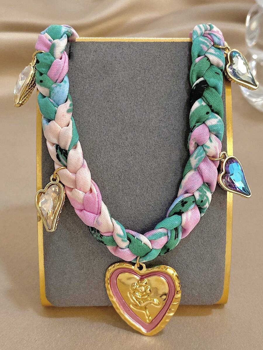 1Pc Gold Plated Bohemian Rose Embossed Heart Pendant Necklace,Multicolor Braided Scarf Choker,For Women,Beach Vacation,Holidays,Summer Boho,Gifts For Mom,For Daily Wear,Party Dating,Wedding Season,Bridesmaids Birthday Anniversary Valentine Gift,Music Festival Easter Day - Multicolor - View 1