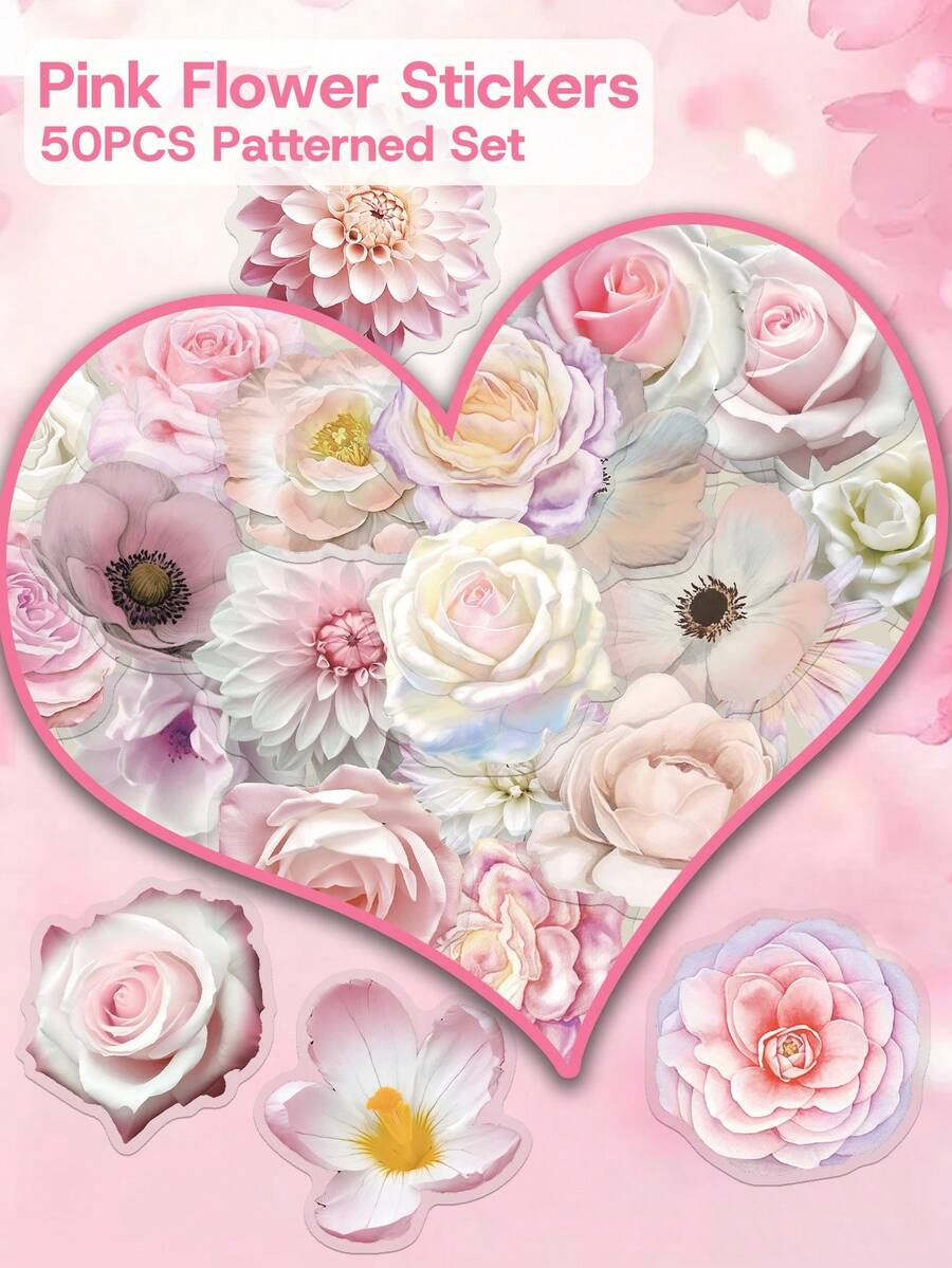50 miếng dán hoa màu hồng sáng tạo – Chất liệu PET trong suốt – Hoàn hảo cho quà tặng tiệc tùng, ván trượt, sổ lưu niệm, máy tính xách tay, đàn guitar, máy tính để bàn và vali – Miếng dán độc đáo - Nhiều màu - Xem 1