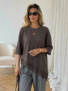 LUNE Camiseta casual de mujer con dobladillo asimétrico de encaje de unicolor, uso básico diario, blusa casual de primavera/verano para vacaciones de mujer, vacaciones de verano para mujer, primavera para mujer, vacaciones de primavera, top para ir a la playa - Multicolor 3 - Ver 5