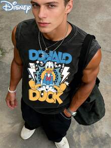 Disney Officially Licensed Donald Duck Washed Sleeveless Tank Top, Retro Checker Lightning Graphic Tee, Vintage Oversized Casual Muscle Shirt, Perfect For Theme Park Trips & Fans - màu đen - Xem 1