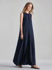 Vestido Largo Elegante Sin Mangas con Cuello Volante, Botones Frontales, Bolsillos y Flecos, Perfecto para Look de Verano y Eventos Informales - Azul - Ver 5