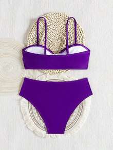 Bikini elegante chic de verano para mujer  2026 conjunto dos piezas color morado sólido con detalles de estrella de mar dorada top bandeau y parte inferior de talle alto que disimula la panza look ideal para playa vacaciones fiestas en la playa y fotos de verano - Morado oscuro - Ver 7