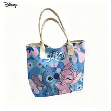 Miniso Disney Stitch & Angel Handheld & Shoulder Laptop Bag, Cute Floral Print Couple Shoulder Bag For Daily Use - Black - View 5