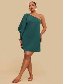Vestido mini casual de talla grande con estampado tropical botánico y hombros asimétricos, azul marino, adecuado para verano y otoño - Verde - Ver 7