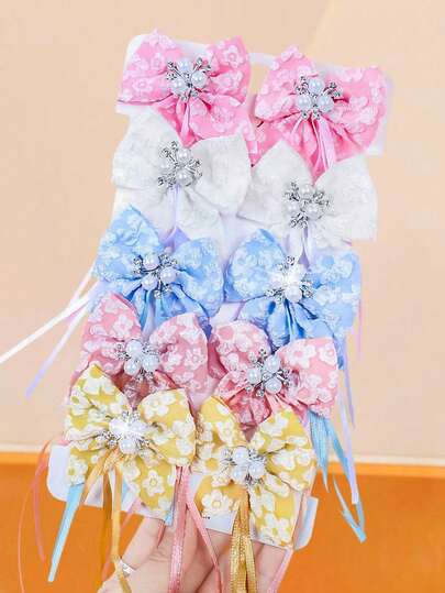 10/6/2pcs Set Korean Style Jacquard Ribbon Bow Hair Clips, Faux Pearl & Rhinestone Decor, Versatile Hair Accessories For Women & Girls, Suitable For Daily, Date, School, Party, Holiday, Mother's Day Gift