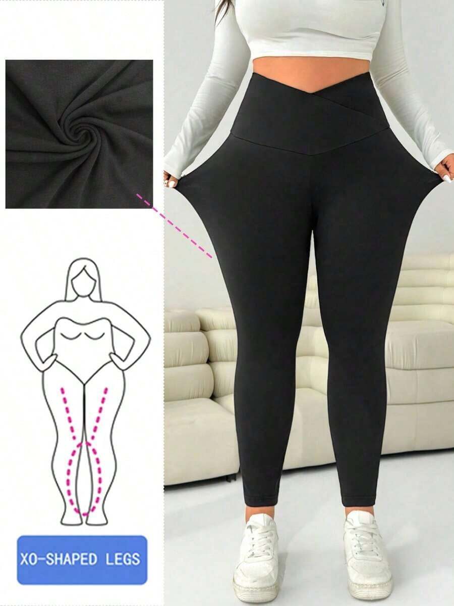 Plus Size Women Black Casual Minimalist Versatile Commute Solid Color Overlap High Waist Elastic Skinny Leggings,Fall Clothes For Women - 黑色 3 - 查看 1