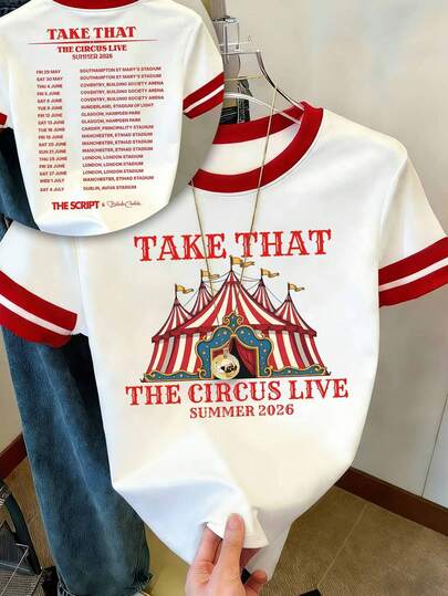 100% Cotton Take That 2026 The Circus Live Commemorative T-Shirt, Double-Sided Print, Red And White Color-Blocked Crew Neck Short Sleeve, Band Merchandise Support Apparel, Unisex.