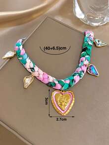 1Pc Gold Plated Bohemian Rose Embossed Heart Pendant Necklace,Multicolor Braided Scarf Choker,For Women,Beach Vacation,Holidays,Summer Boho,Gifts For Mom,For Daily Wear,Party Dating,Wedding Season,Bridesmaids Birthday Anniversary Valentine Gift,Music Festival Easter Day - Multicolor - View 11